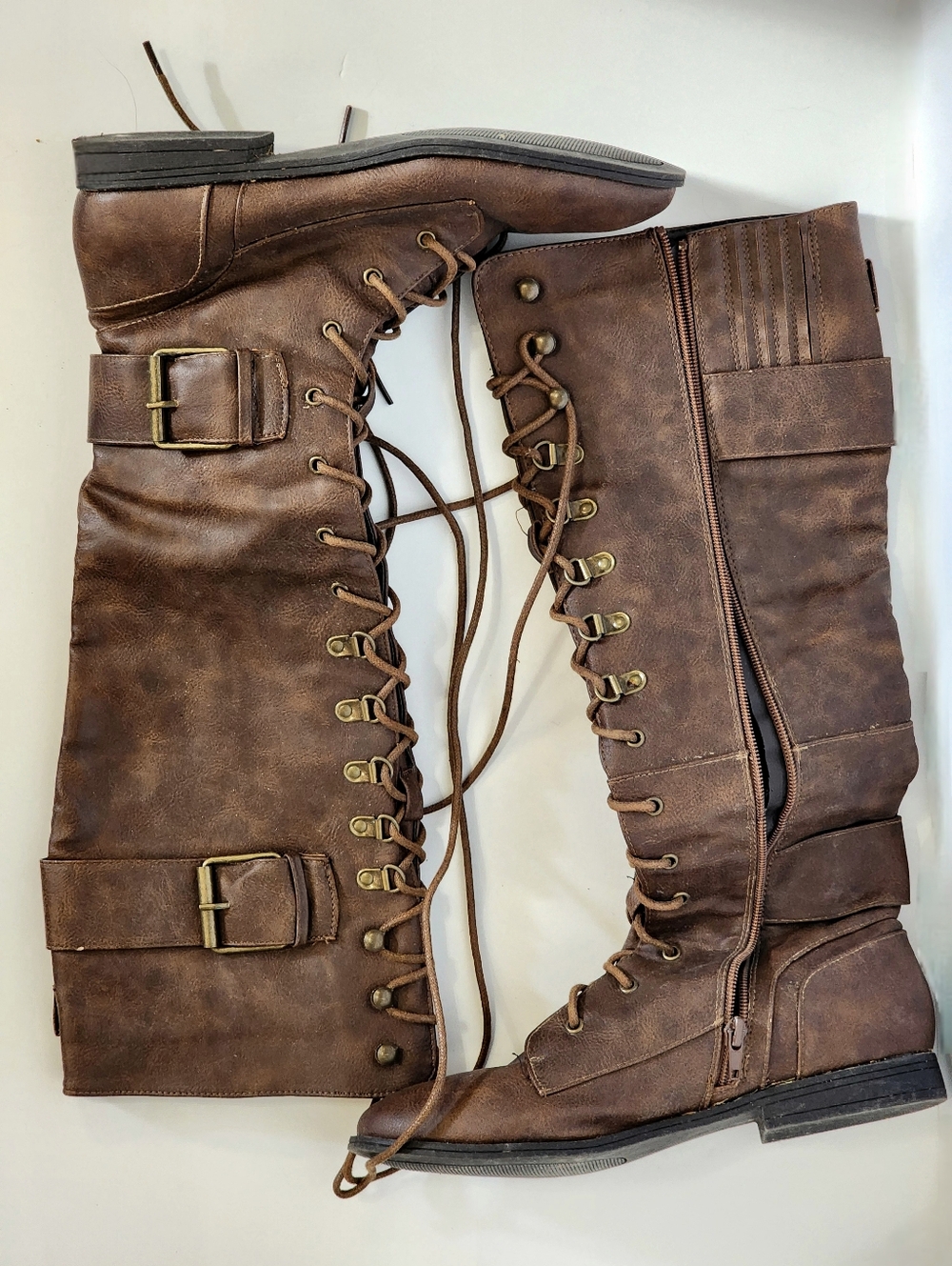 Chestnut Brown Lace Up Tall Flat Boots